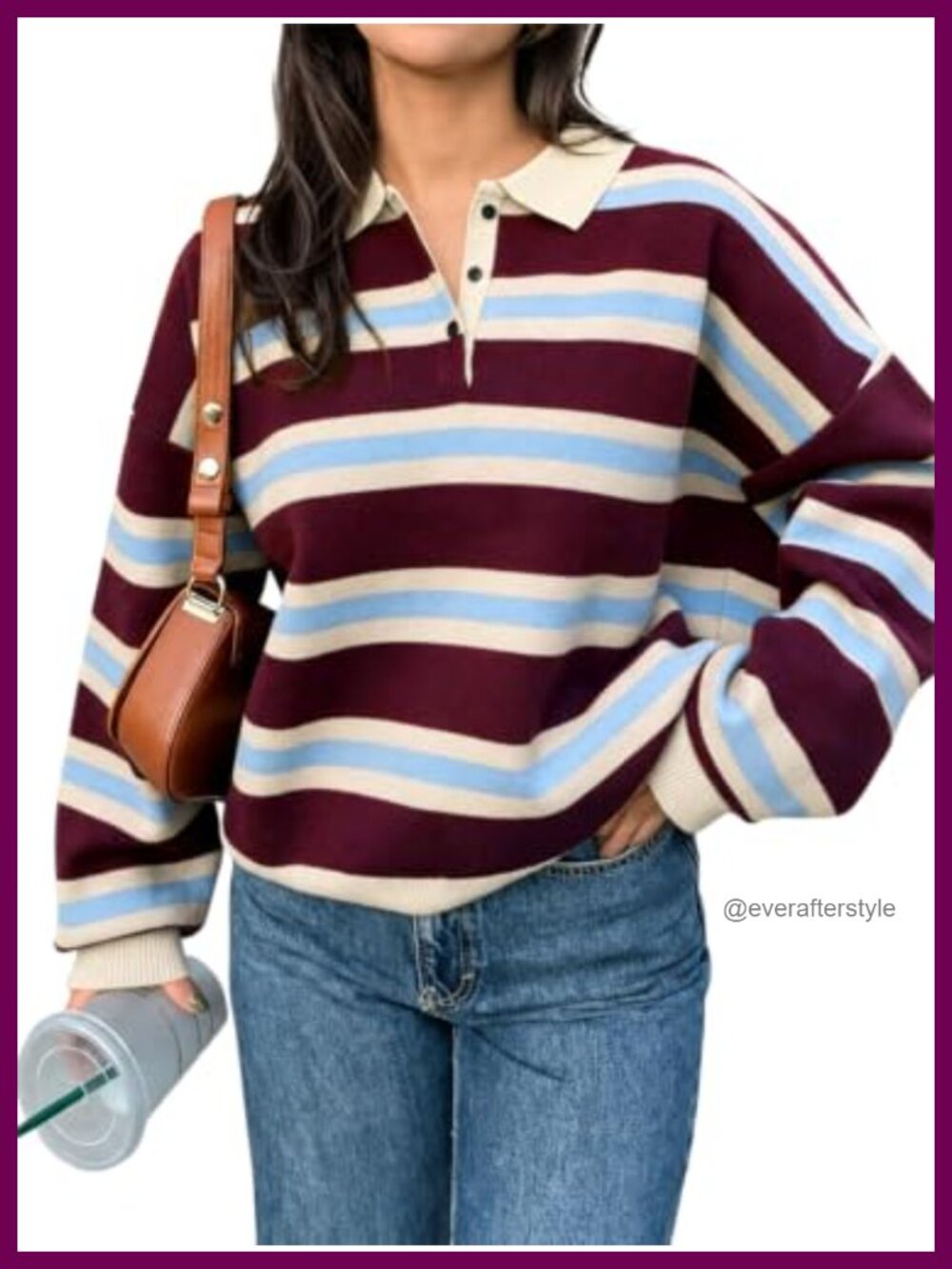 Striped Polo Sweater for Women Long Sleeve Knit Pullover Casual